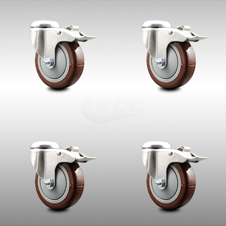 Service Caster 4 Inch 316SS Maroon Polyurethane Swivel Bolt Hole Caster Set with Lock Brake SCC SCC-SS316BHTTL20S414-PPUB-MRN-4